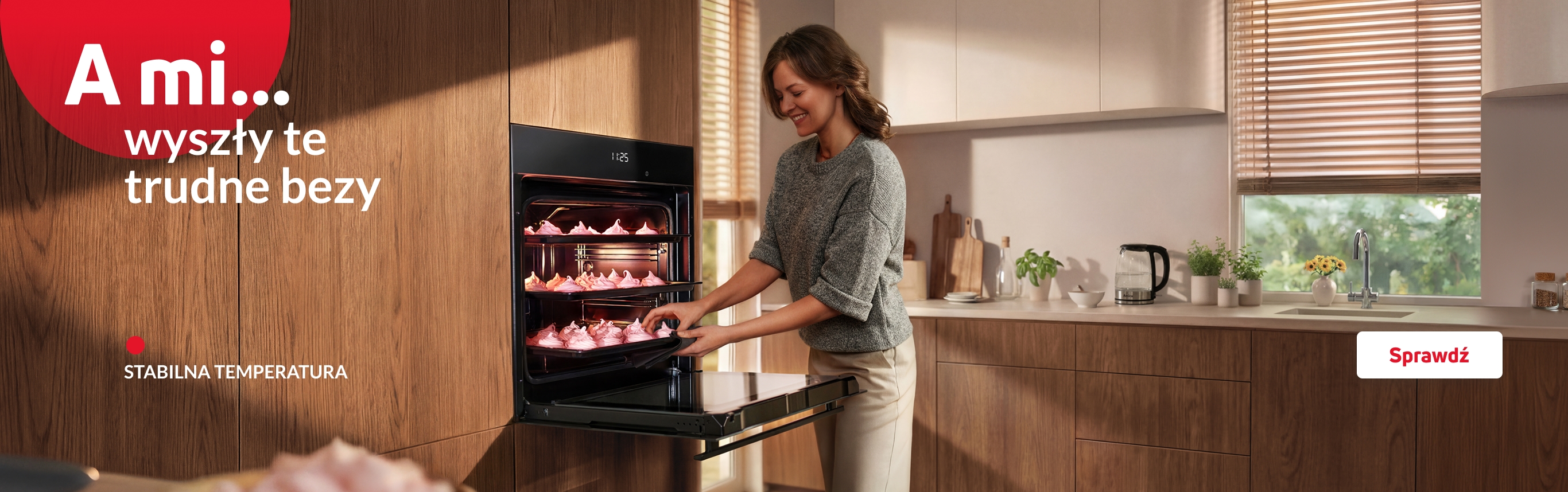 Kobieta wyciąga r&oacute;żowe bezy z piekarnika. Napis A mi...wyszły te trudne bezy. Stabilna temperatura Sprawdź