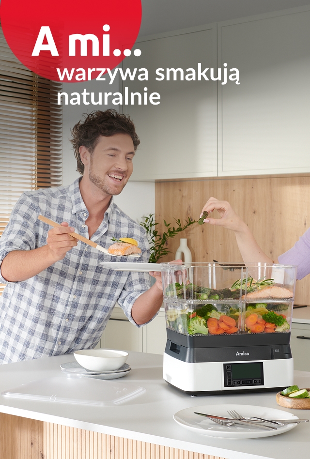 A mi warzywa smakują naturalnie. Mężczyzna gotuje w parowarze.
