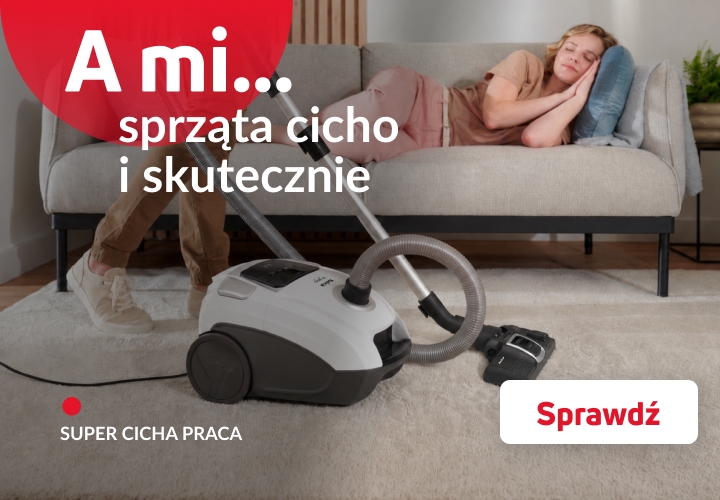 A mi sprząta cicho i skutecznie Mężczyzna odkurza dywan, kobieta leży na kanapie