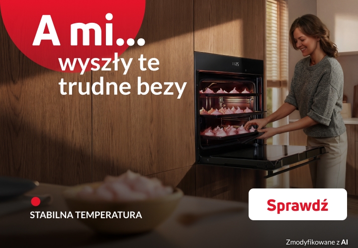 Kobieta wyciąga różowe bezy z piekarnika. Napis A mi...wyszły te trudne bezy. Stabilna temperatura Sprawdź