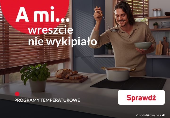 Mężczyzna próbuje zupy ugotowanej na płycie indukcyjnej