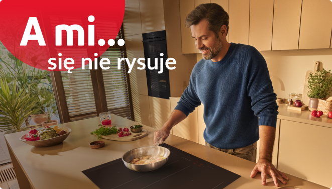Mężczyzna gotuje obiad na płycie indukcyjnej A mi się nie rysuje