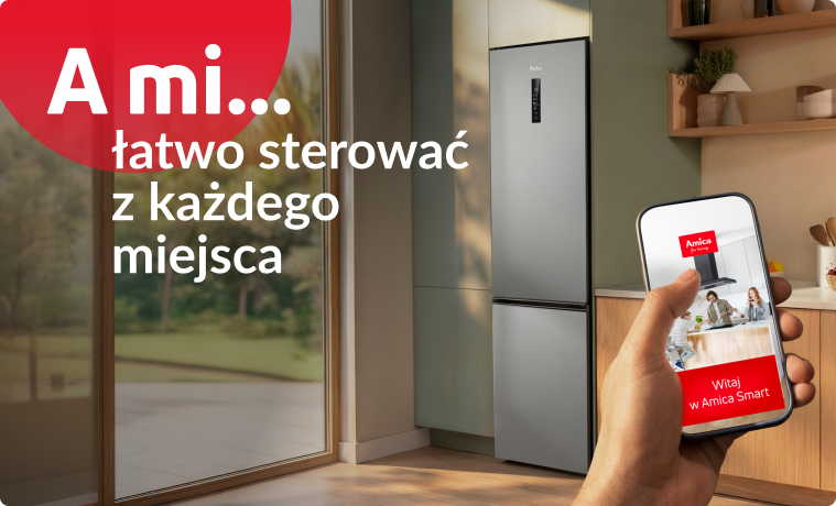 A mi łatwo sterować z każdego miejsca. Aplikacja na ekranie telefonu, w tle lodówka.
