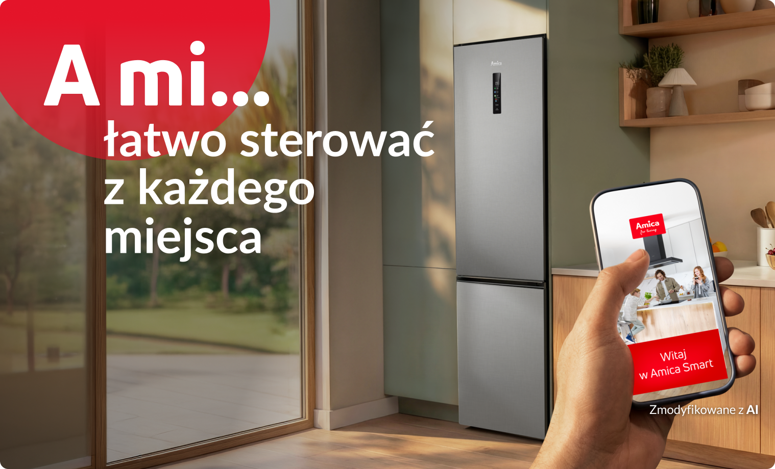A mi łatwo sterować z każdego miejsca. Aplikacja na ekranie telefonu, w tle lod&oacute;wka.