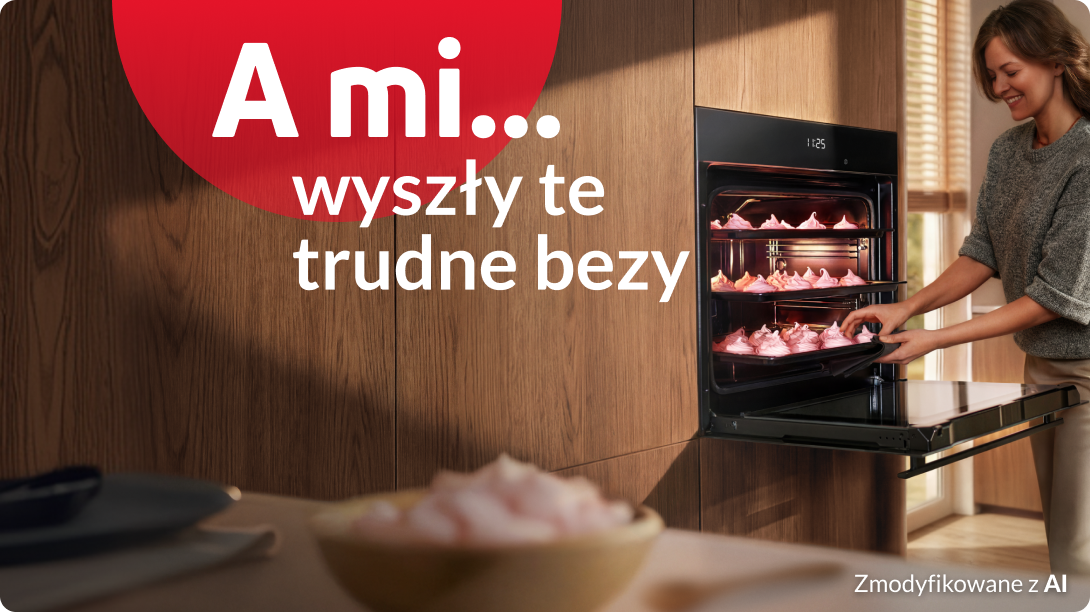 kobieta wyciąga różowe bezy z piekarnika. Napis: A mi wyszły te trudne bezy
