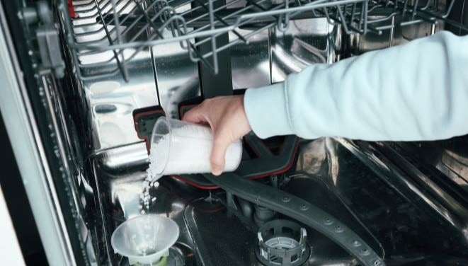 zbliżenie na wnętrze zmywarki, dosypywanie soli