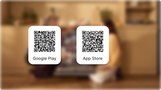 na rozmazanym tle kody QR, kt&oacute;re prowadzą do sklepu Google Play i App Store