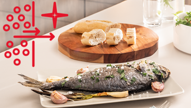 ryba na talerzu, logo funkcji SmellCatalyst - czerwone okręgi, strzałki i gwiazda