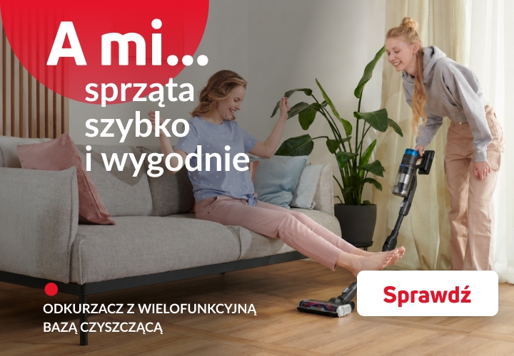 A mi sprząta szybko i wygodnie, dziewczyna sprząta odkurzaczem pionowym