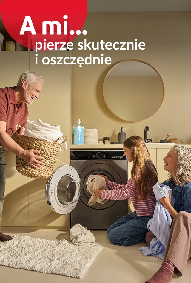 Rodzina wkłada pranie do pralki. A mi pierze skutecznie i oszczędnie.